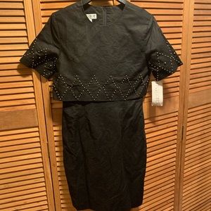 Vintage M.J.Carroll Black Linen-like Dress with Gold Beaded Embezzlements